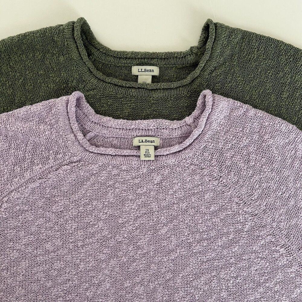 LL Bean Plus Womens Roll Neck Boucle Sweater Lilac/Green 2X Cotton Slub Lot Of 2